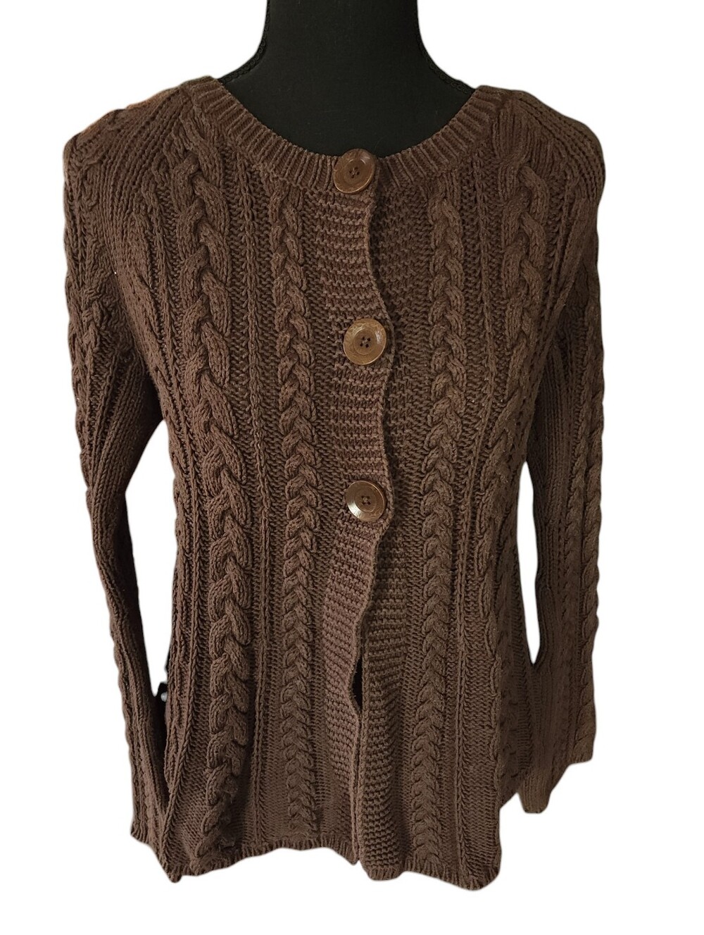 Y2K GAP Chunky Chocolate Brown Cable Knit Cardigan 3 Button Preppy Academia Sz M